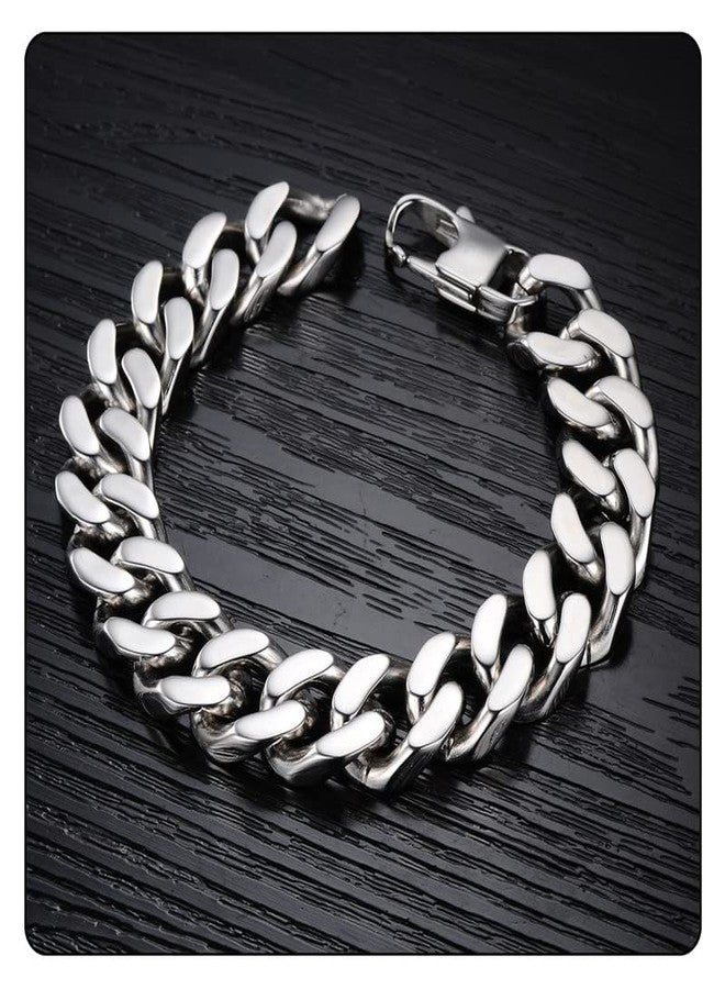 Fusamk Hip Hop Stainless Steel Bracelet Flat Link Bracelet Cuban Chain Bracelet(Steel(8.5)) - Image 3
