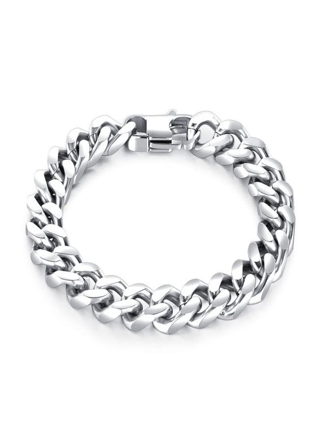 Fusamk Hip Hop Stainless Steel Bracelet Flat Link Bracelet Cuban Chain Bracelet(Steel(8.5)) - Image 1