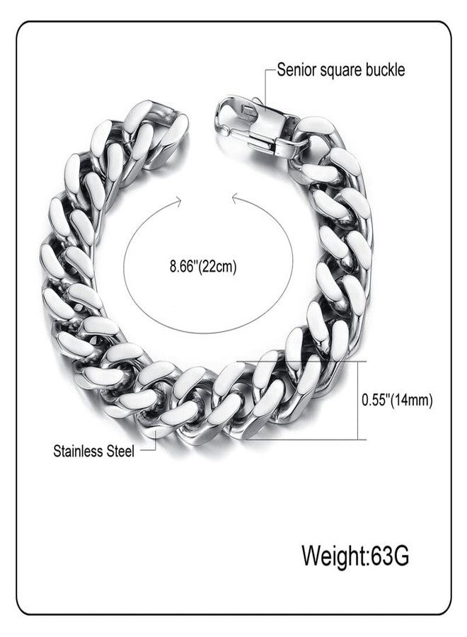 Fusamk Hip Hop Stainless Steel Bracelet Flat Link Bracelet Cuban Chain Bracelet(Steel(8.5)) - Image 2