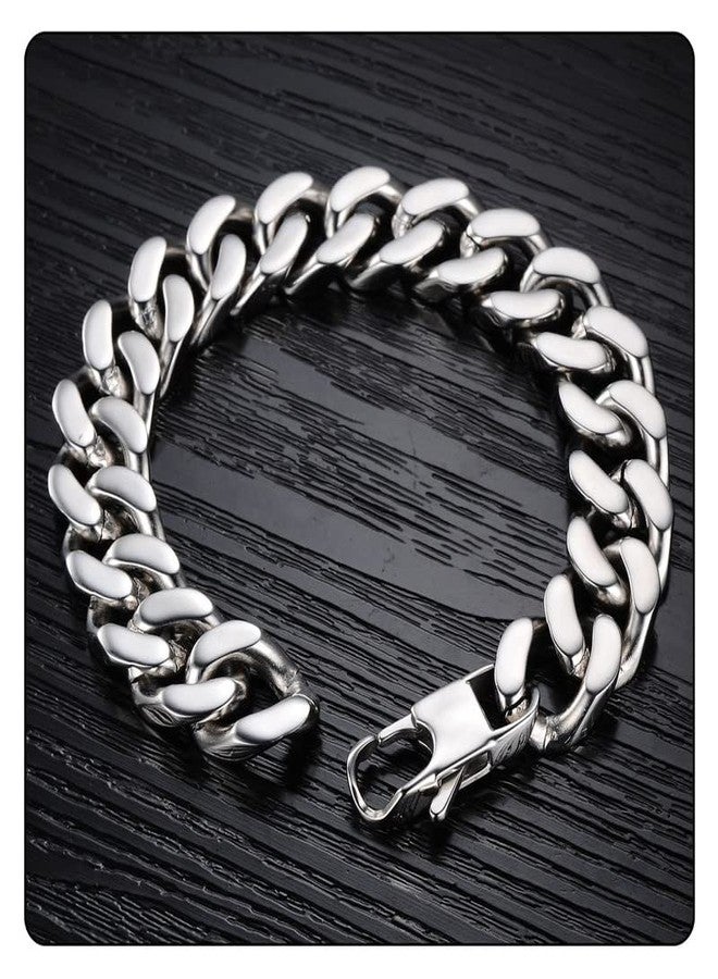 Fusamk Hip Hop Stainless Steel Bracelet Flat Link Bracelet Cuban Chain Bracelet(Steel(8.5)) - Image 5