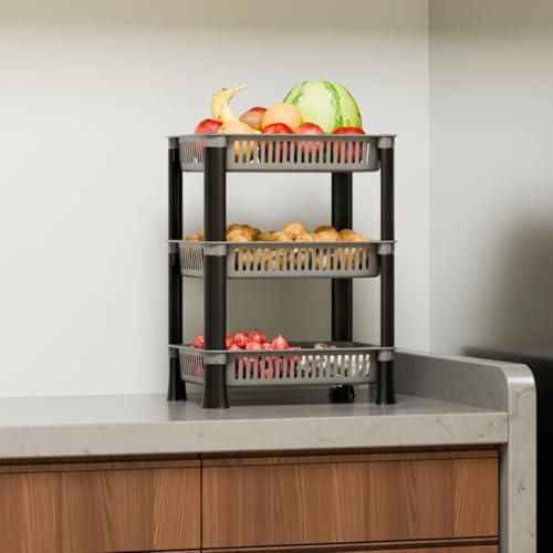 FOROLY Multipurpose Foldable Plastic Storage Rack Basket Stand for Home, Office and Kitchen (Grey, 3 Layer) - Image 1