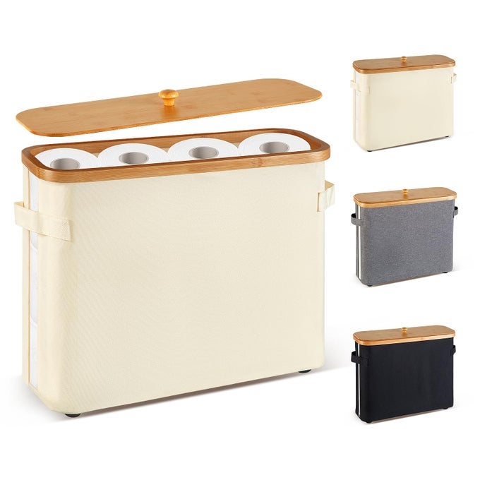 TOILET PAPER STORAGE BASKET WITH LID AND HANDLE FOR BATHROOM BAMBOO COLLAPSIBLE TOILET PAPER HOLDER STORAGE WITH NONSLIP BOTTOM EXTRA TOILET ROLL STORAGE BEIGE