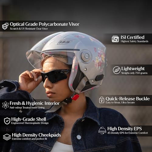 TVARRA Blossom Women’s Open Face Helmet with Printed Design, ISI Certified, Lightweight Material, Crafted for Women, Extreme Comfort fit with Clear Visor-(Silver Haze,S) - Image 3