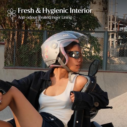 TVARRA Blossom Women’s Open Face Helmet with Printed Design, ISI Certified, Lightweight Material, Crafted for Women, Extreme Comfort fit with Clear Visor-(Silver Haze,S) - Image 5