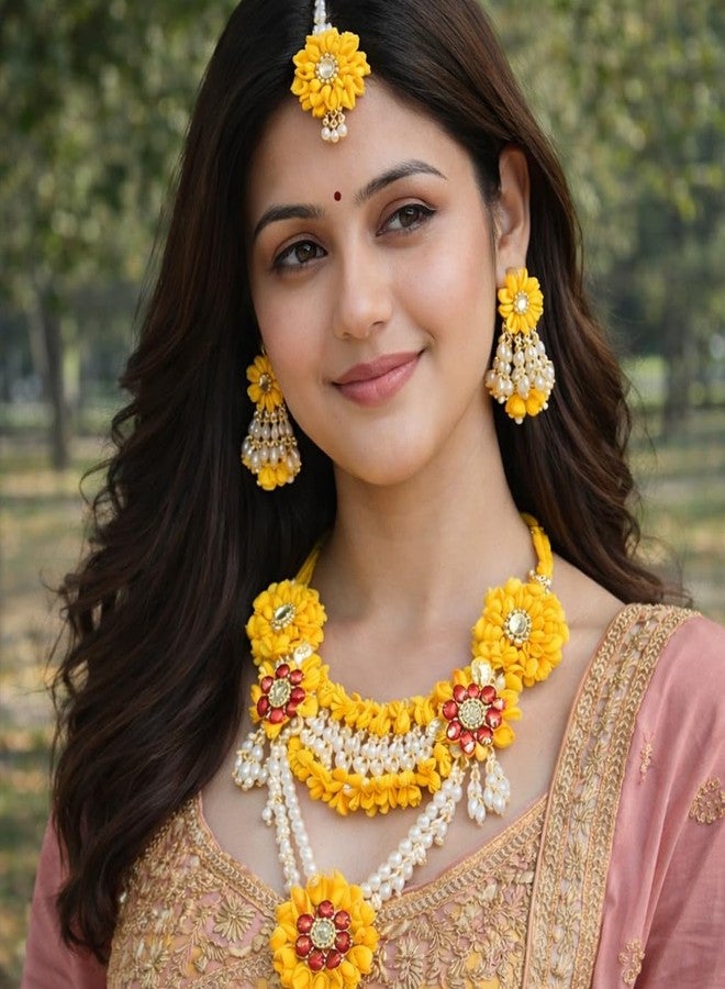 Radhika Yellow Floral Jewellery Set for Haldi Mehndi | Handmade Flower Necklace Set with Earrings & Maang Tikka | Floral Necklace, Earrings, Hand Bangle & Maang Tikka For Haldi & Mehndi, Wedding - Image 5