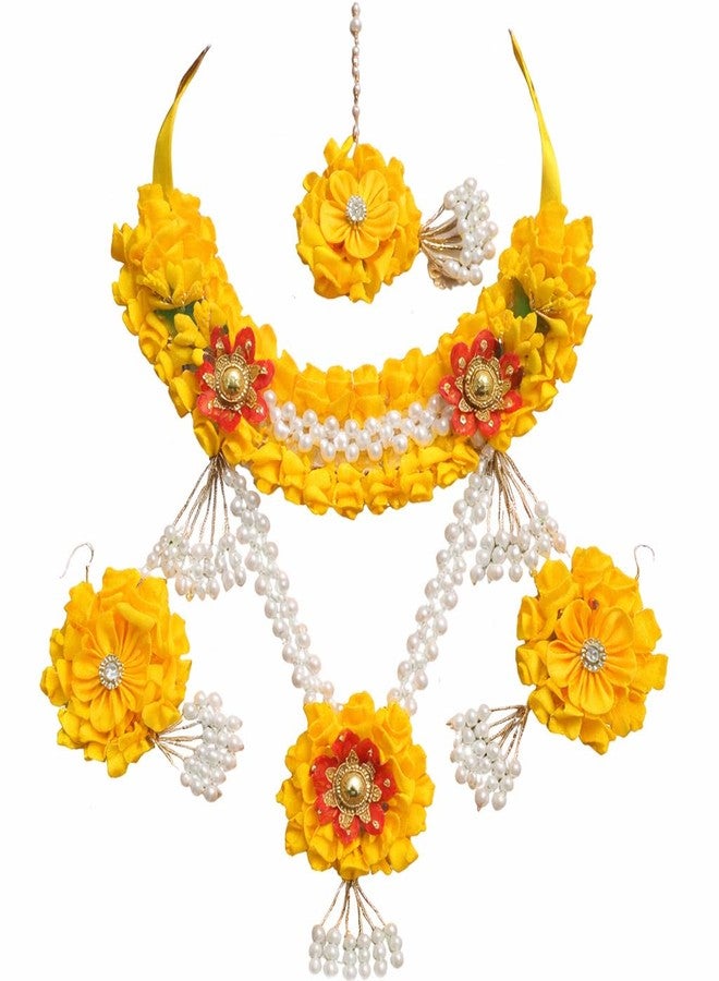 Radhika Yellow Floral Jewellery Set for Haldi Mehndi | Handmade Flower Necklace Set with Earrings & Maang Tikka | Floral Necklace, Earrings, Hand Bangle & Maang Tikka For Haldi & Mehndi, Wedding - Image 1