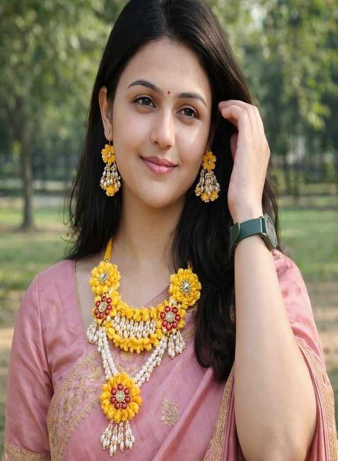 Radhika Yellow Floral Jewellery Set for Haldi Mehndi | Handmade Flower Necklace Set with Earrings & Maang Tikka | Floral Necklace, Earrings, Hand Bangle & Maang Tikka For Haldi & Mehndi, Wedding - Image 2