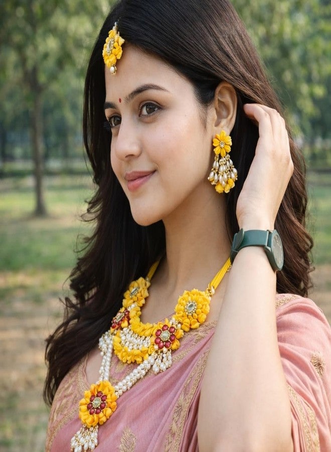 Radhika Yellow Floral Jewellery Set for Haldi Mehndi | Handmade Flower Necklace Set with Earrings & Maang Tikka | Floral Necklace, Earrings, Hand Bangle & Maang Tikka For Haldi & Mehndi, Wedding - Image 3
