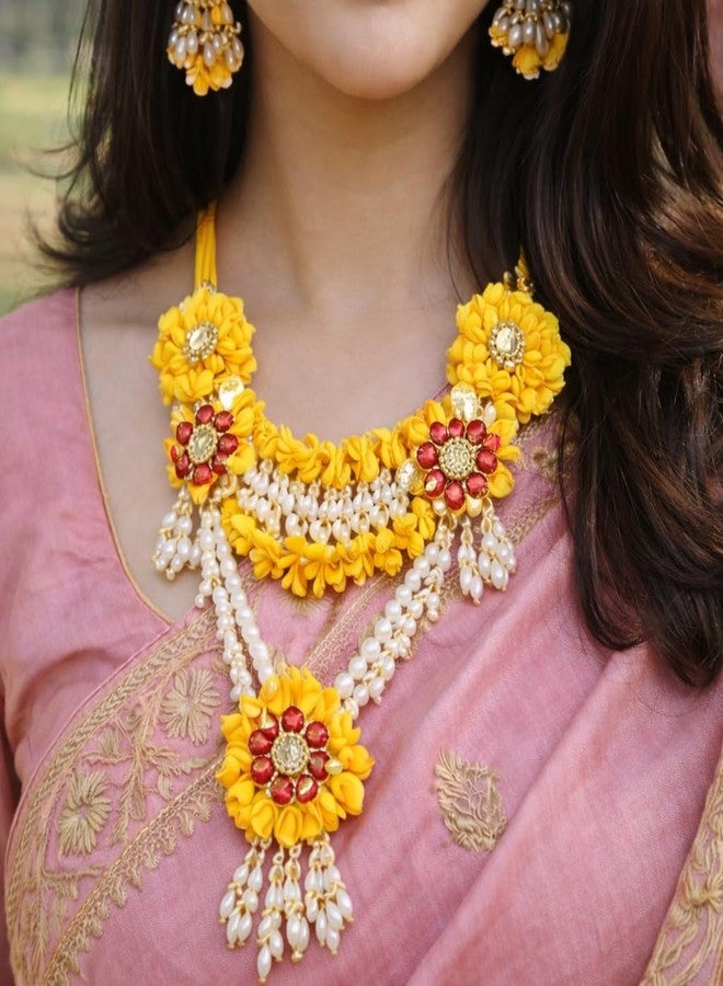 Radhika Yellow Floral Jewellery Set for Haldi Mehndi | Handmade Flower Necklace Set with Earrings & Maang Tikka | Floral Necklace, Earrings, Hand Bangle & Maang Tikka For Haldi & Mehndi, Wedding - Image 4