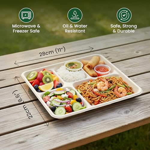 ECO kranti – 5 Compartment Bagasse Meal Tray | Pack of 25 | Eco-Friendly, Biodegradable & Compostable | 100% Natural Plant-Based | Long Lasting Plates for Birthday, Wedding, Party & All Events - Image 2