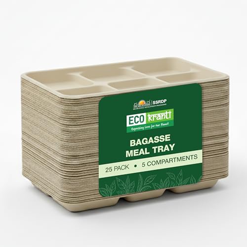 ECO kranti – 5 Compartment Bagasse Meal Tray | Pack of 25 | Eco-Friendly, Biodegradable & Compostable | 100% Natural Plant-Based | Long Lasting Plates for Birthday, Wedding, Party & All Events - Image 1