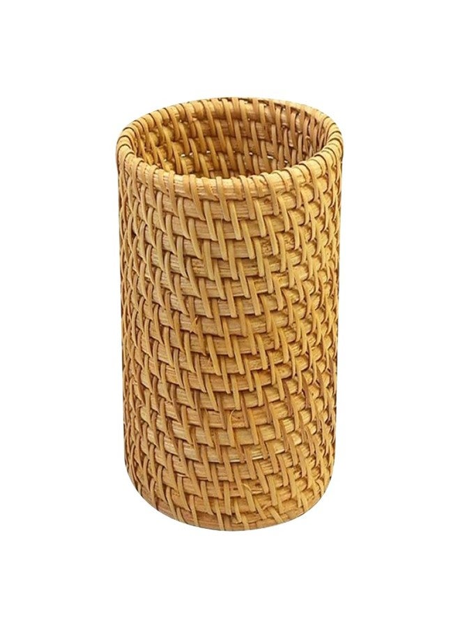 GSHLLO Round Wicker Basket Pencil Holder Boho Rattan Pen Holder Small Office Desk Organizer Cup Vanity Storage Cup Make up Brushes Storage Organizer for Home - Image 1