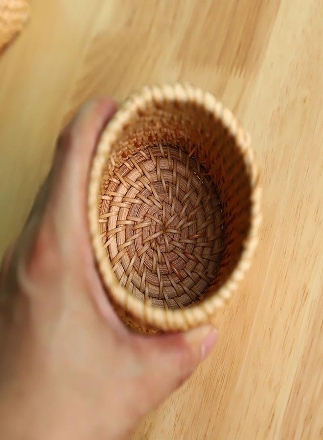 GSHLLO Round Wicker Basket Pencil Holder Boho Rattan Pen Holder Small Office Desk Organizer Cup Vanity Storage Cup Make up Brushes Storage Organizer for Home - Image 4