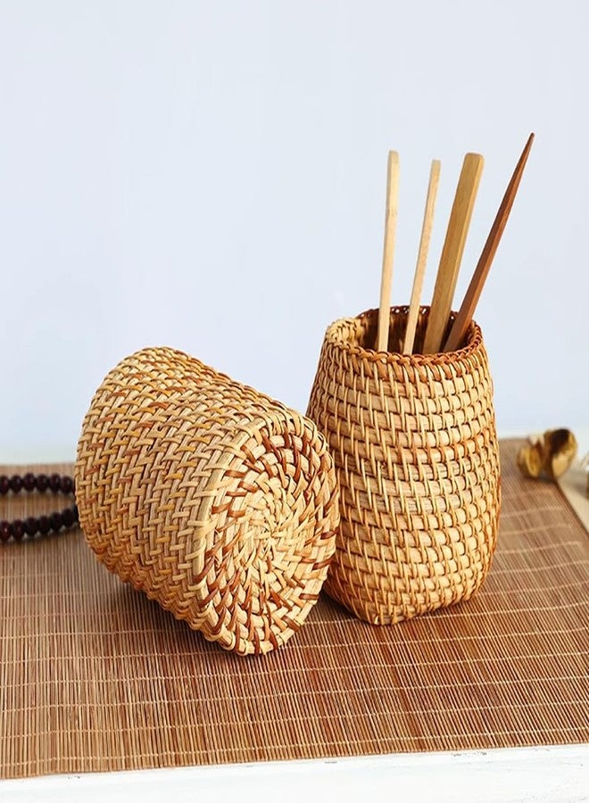 GSHLLO Round Wicker Basket Pencil Holder Boho Rattan Pen Holder Small Office Desk Organizer Cup Vanity Storage Cup Make up Brushes Storage Organizer for Home - Image 5