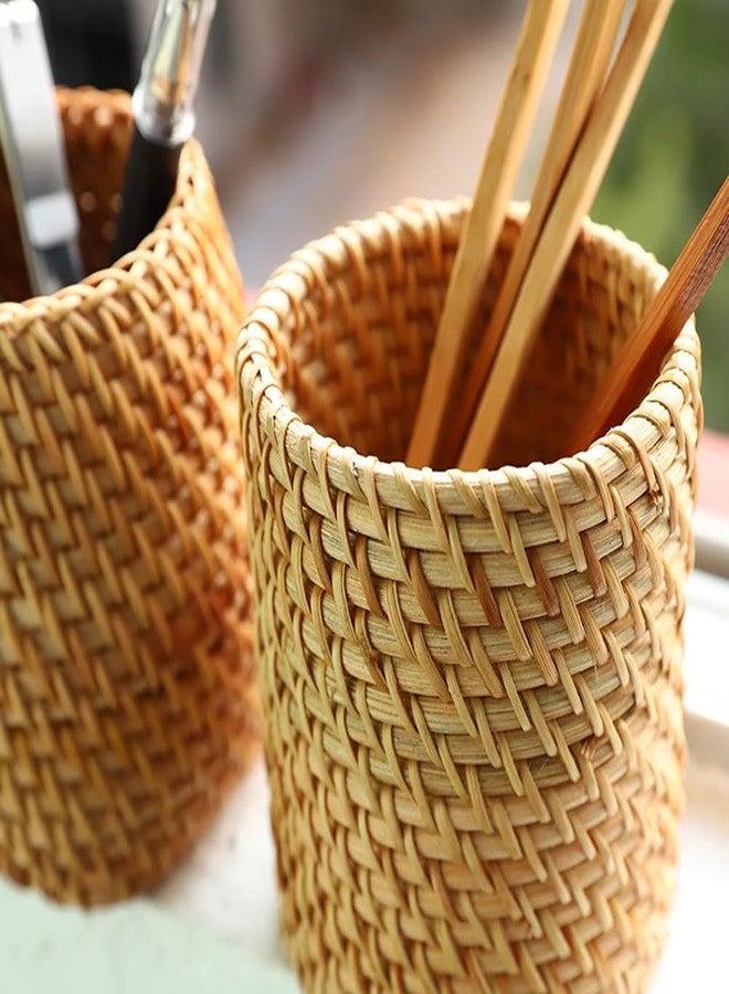 GSHLLO Round Wicker Basket Pencil Holder Boho Rattan Pen Holder Small Office Desk Organizer Cup Vanity Storage Cup Make up Brushes Storage Organizer for Home - Image 3