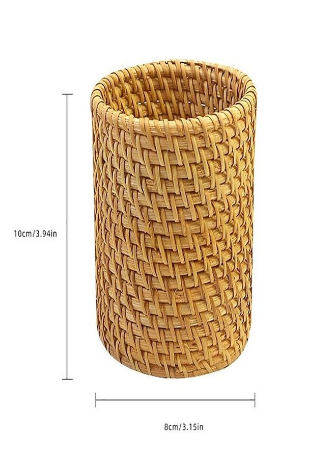 GSHLLO Round Wicker Basket Pencil Holder Boho Rattan Pen Holder Small Office Desk Organizer Cup Vanity Storage Cup Make up Brushes Storage Organizer for Home - Image 2