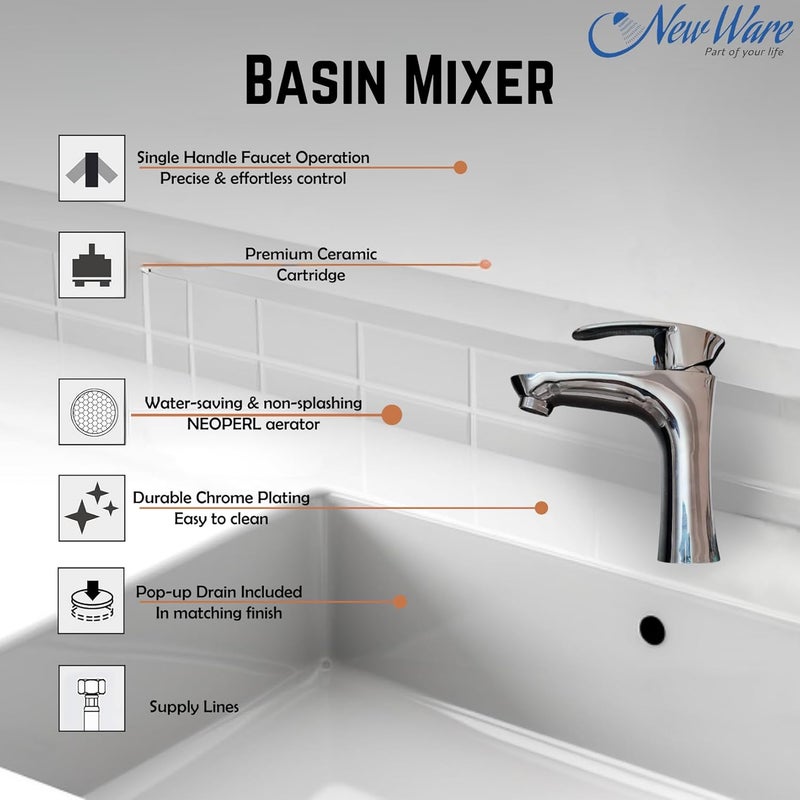 NEW WARE New Ware CP ABS 2 in 1 Short Body Basin Mixer with 18 Connection Pipe Single Lever Hot Cold Water Mixer Tap for Kitchen Sink Wash Basin Tap Bathtub Water Faucet Tap for Bathroom Home - Image 3