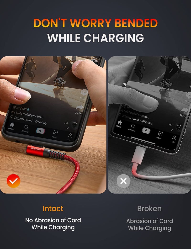 AINOPE USB C Cable 60W 2-Pack 10ft Nylon Braided USB C to USB C Cable Type C Charger Fast Charging Right Angle USBC Cable Charger Cord for iPhone 16 Pro Max 15 Plus Samsung S24 S23 iPad Pro Red - Image 3