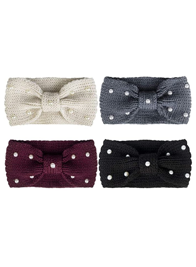 SOLARAE Winter Headbands for Women Warm Crochet Turban Knitted Ear Warmer Headband Vintage Bow Hairband with Pear 4 Pack - Image 1