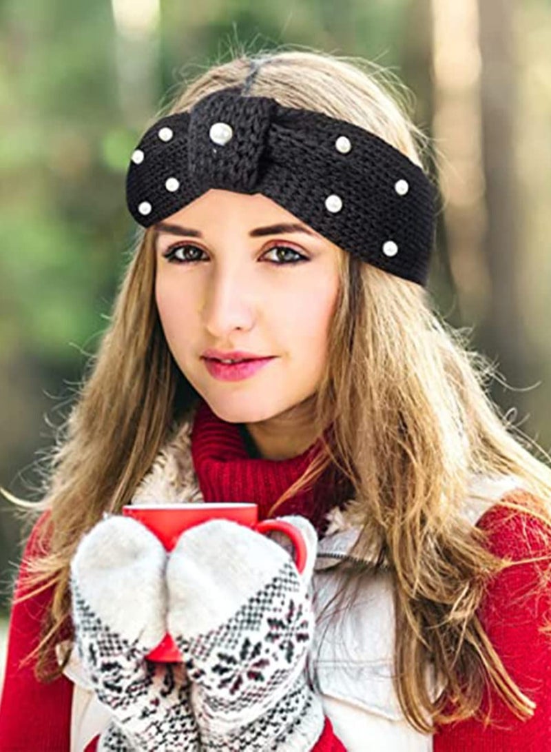 SOLARAE Winter Headbands for Women Warm Crochet Turban Knitted Ear Warmer Headband Vintage Bow Hairband with Pear 4 Pack - Image 4