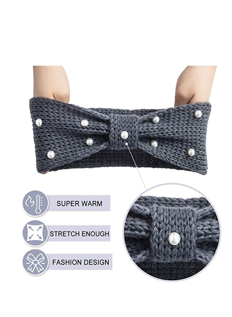 SOLARAE Winter Headbands for Women Warm Crochet Turban Knitted Ear Warmer Headband Vintage Bow Hairband with Pear 4 Pack - Image 5