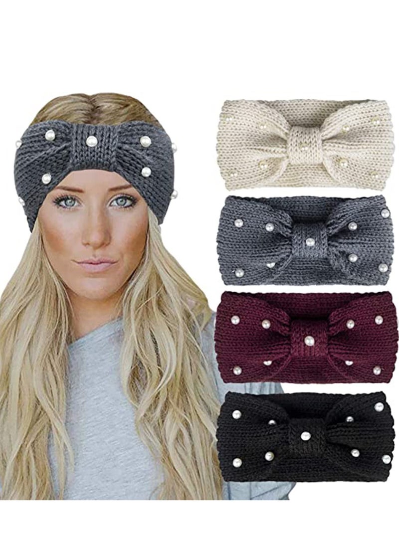 SOLARAE Winter Headbands for Women Warm Crochet Turban Knitted Ear Warmer Headband Vintage Bow Hairband with Pear 4 Pack - Image 2