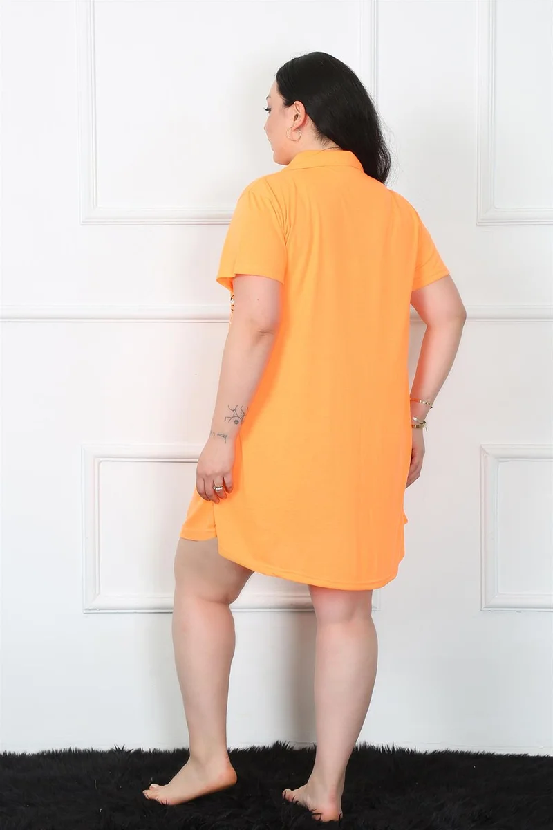 اكبينيز Large Size Combed Cotton Buttoned Orange Tunic Nightgown 1025