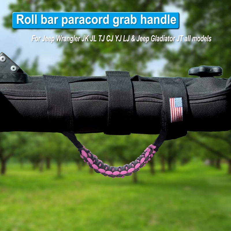 KOHUIPU Roll Bar Grab Handles with US Flag Paracord Grip Handle for Jeep Wrangler JK JKU JL JLU TJ CJ YJ Gladiator JT Pink - Image 4