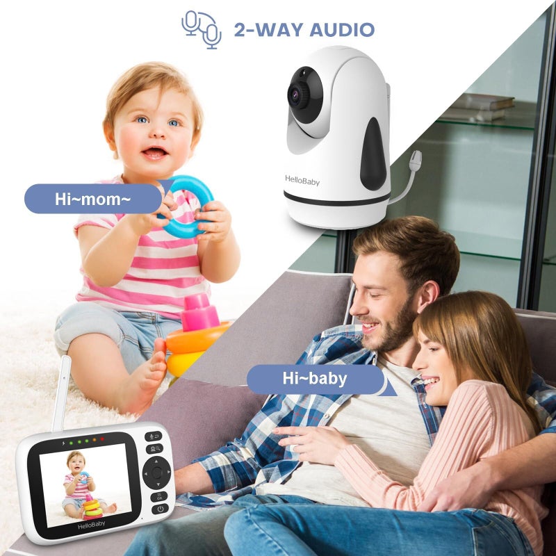 HelloBaby 3.2'' Baby Monitor 2 Cameras,Video Audio Baby Monitor No WiFi, Remote Pan-Tilt-Zoom,AUTO Night Vision, ECO, 2-Way Talk,8 Lullabies and 1000ft Range, Temperature, for Parents and Babies - Image 4