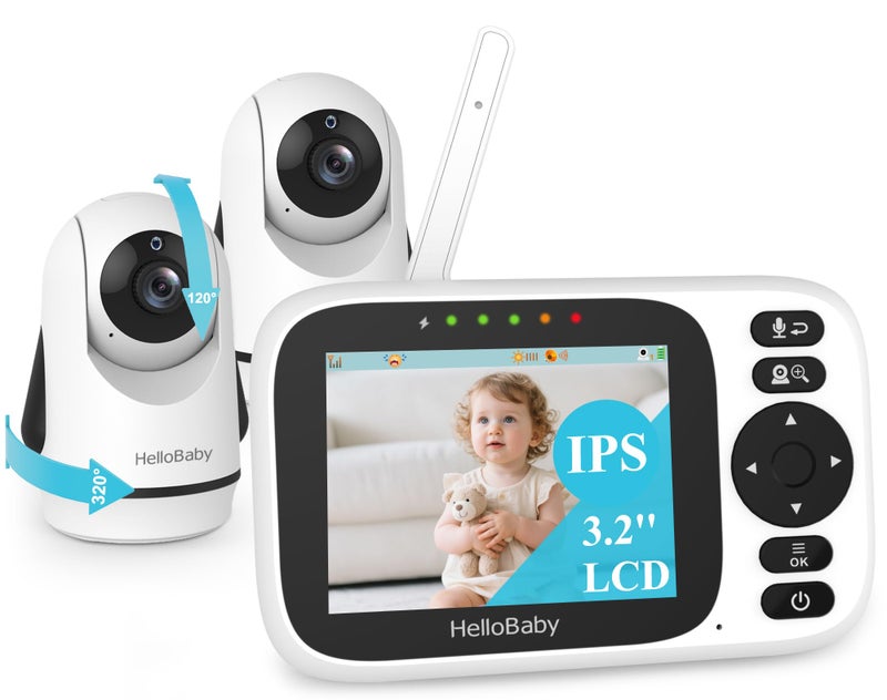 HelloBaby 3.2'' Baby Monitor 2 Cameras,Video Audio Baby Monitor No WiFi, Remote Pan-Tilt-Zoom,AUTO Night Vision, ECO, 2-Way Talk,8 Lullabies and 1000ft Range, Temperature, for Parents and Babies - Image 1
