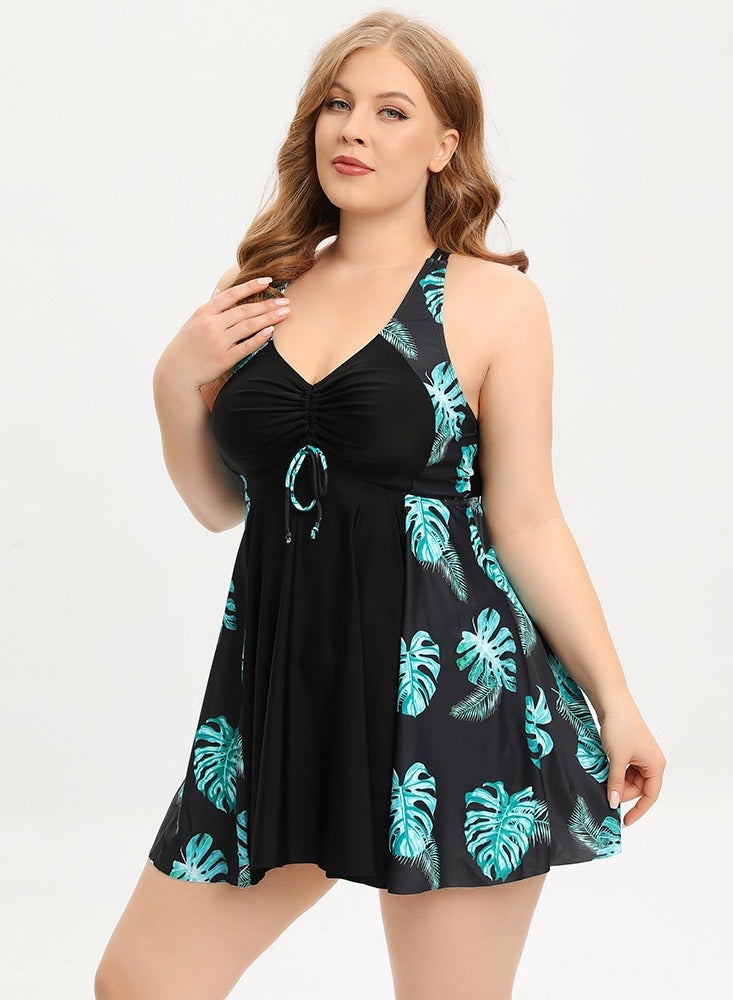 Womens Printed 2 peice set Swimsuits Tummy Control V-Neck Swim Dress And Boxer Brief Swimwear Bathing Suits Black Mix  - Image 2