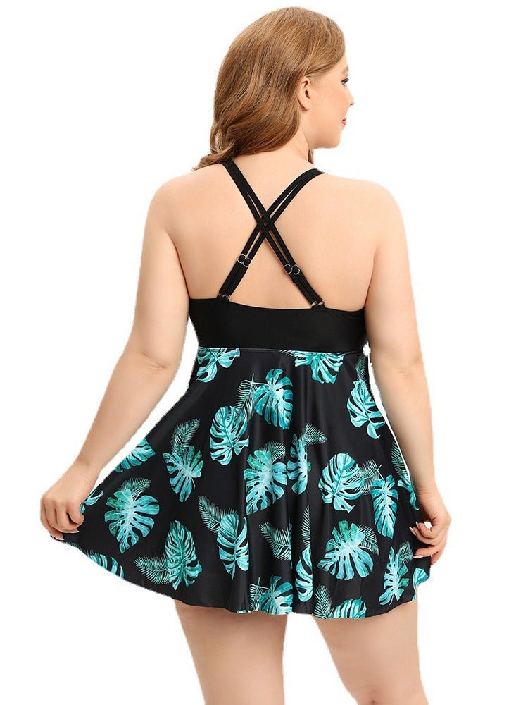 Womens Printed 2 peice set Swimsuits Tummy Control V-Neck Swim Dress And Boxer Brief Swimwear Bathing Suits Black Mix  - Image 3