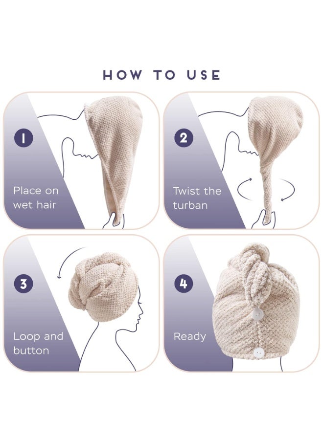 SimpleField 2 Pack Microfiber Hair Towel Wrap for Women, Anti Frizz Quick Drying Hair Turban for All Hair Style, Absorbent and Lightweight (Beige) - Image 4