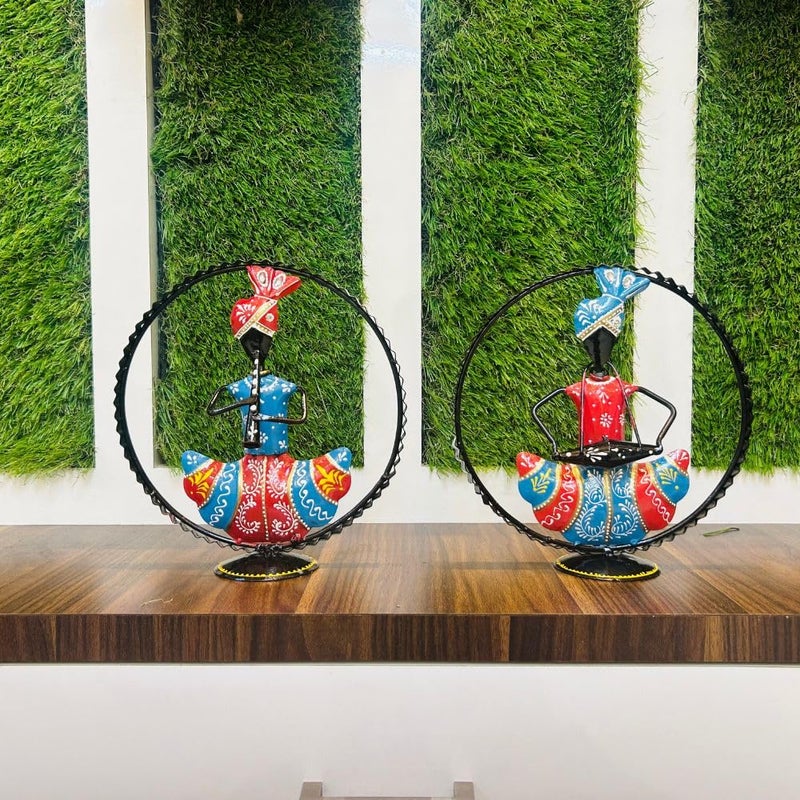 PEDEX Metal Rajasthani Decorative Musician Set of 2 Showpiece Table Decorative Items for HomeAntique Gift Items Tv Unit Showpiece Home Decoration Items Each Size 9x10 Inch