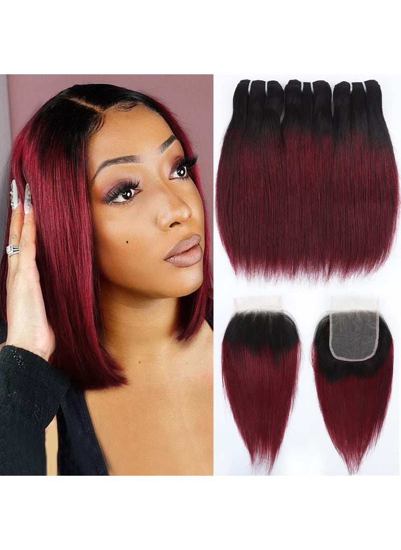 FQ - FQ 1b99j Ombre Bundles with Closure10 10 1010 Brazilian Straight Bundles Human Hair Red Burgundy Short Bob Human Hair 3 Bundles with 4x4 Lace Closure 50gbundle - Image 1