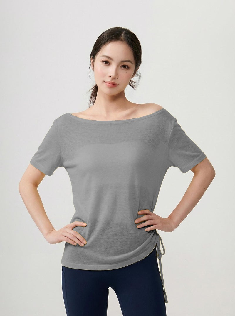 Lu Chuan Luchuan Boat Neck Off-Shoulder Loose Yoga Cover-Up Top Solid Color Summer Casual Athletic Tee for Women - Image 1