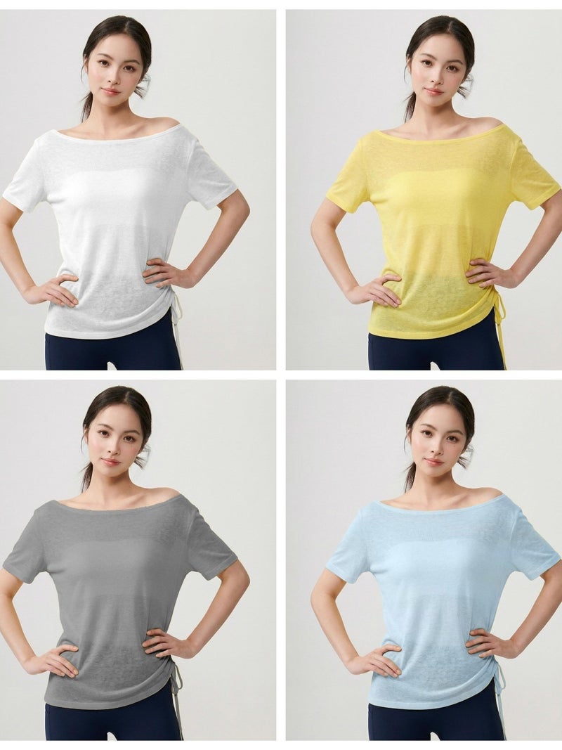 Lu Chuan Luchuan Boat Neck Off-Shoulder Loose Yoga Cover-Up Top Solid Color Summer Casual Athletic Tee for Women - Image 3
