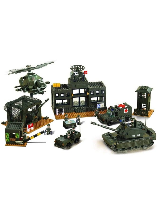 Sluban Military-themed building blocks, including tanks, helicopters, and multi-colored military vehicles. - Image 1