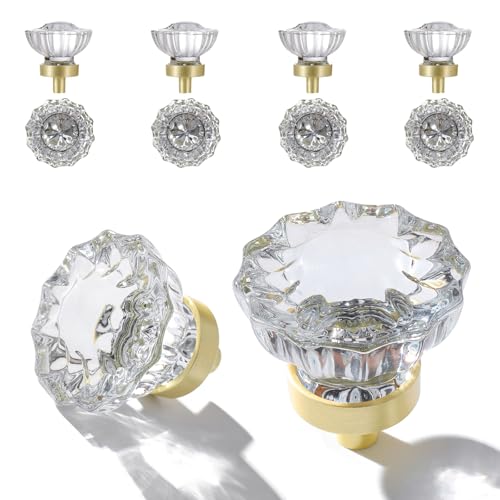 CEYMIO Crystal Knobs for Drawers 8 Pack Brushed Gold Glass Knob Vintage Cabinet Antique Pulls for Drawer Closet Dresser Cupboard 15 Inch Satin Brass Base Decorative Flower Cabinets Knobs Set Hardware - Image 1