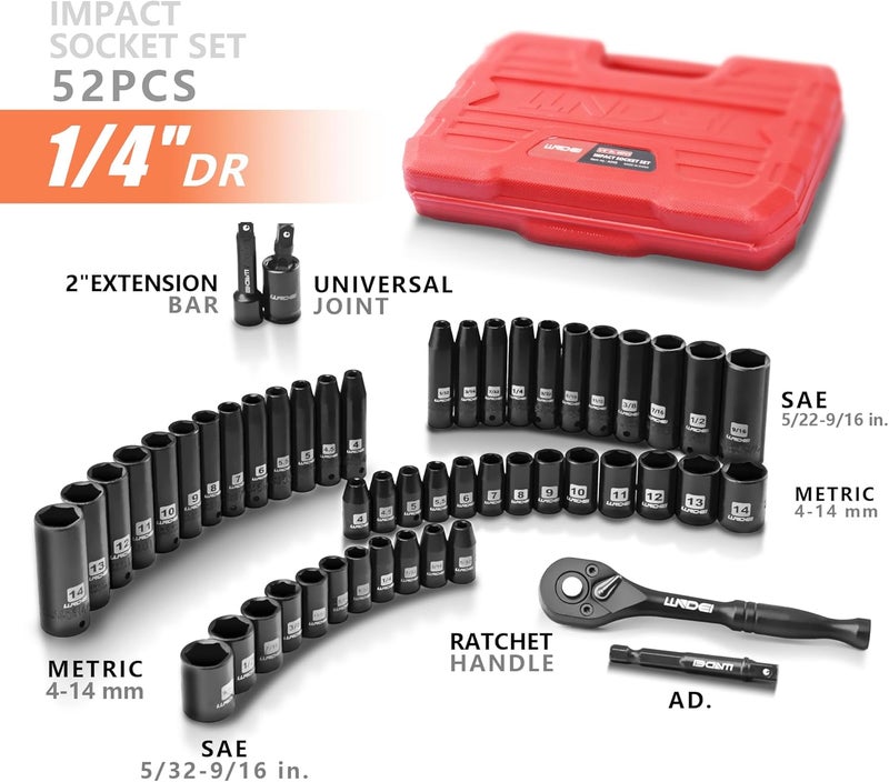 LLNDEI 1/4”Drive Impact Socket Set, 52 PCS Mechanic Tool Set with 72-Tooth Ratchet & Adapter, CR-V, Metric and SAE Sockets Storage Kit for Household Automotive Repair DIY Project - Image 2