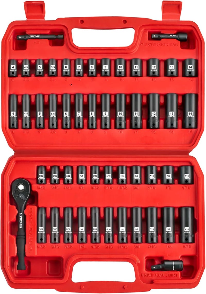 LLNDEI 1/4”Drive Impact Socket Set, 52 PCS Mechanic Tool Set with 72-Tooth Ratchet & Adapter, CR-V, Metric and SAE Sockets Storage Kit for Household Automotive Repair DIY Project - Image 1