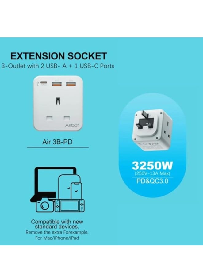 Airbot - Airbot Air 3B-PD Extension Socket 3250W 3 Outlets Socket Multi Plug Extension Multi Power Adaptor with USB + Type-C PD - Image 1