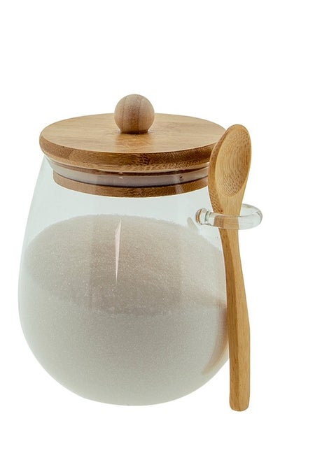 Glass jar with airtight bamboo lid and attached spoon