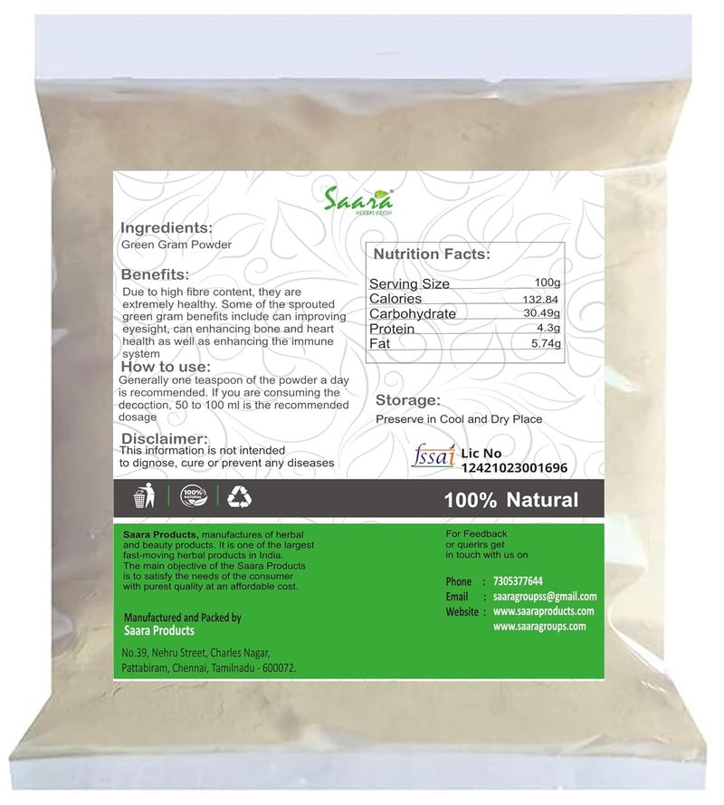 Saara HERBAL FRESH Green Gram Powder 850g Moong Dal Pachai Payaru Mung Bean Cherupayar Hesaru Kaalu Muga Powder pack of 8 x 100g pack of 1 x 50g - Image 2