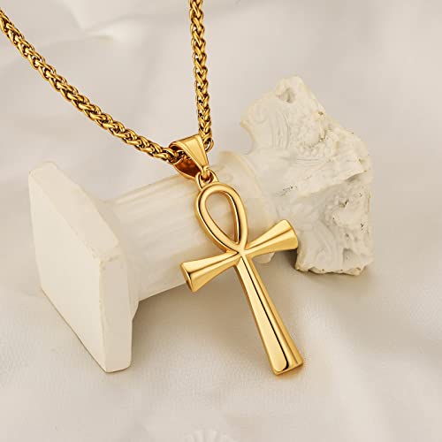 HZMAN Men's Gold Stainless Steel Coptic Ankh Cross Religious Pendant Necklace, 22" Rope Chain (Gold) - Image 5