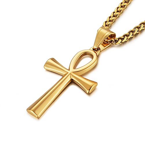 HZMAN Men's Gold Stainless Steel Coptic Ankh Cross Religious Pendant Necklace, 22" Rope Chain (Gold) - Image 2