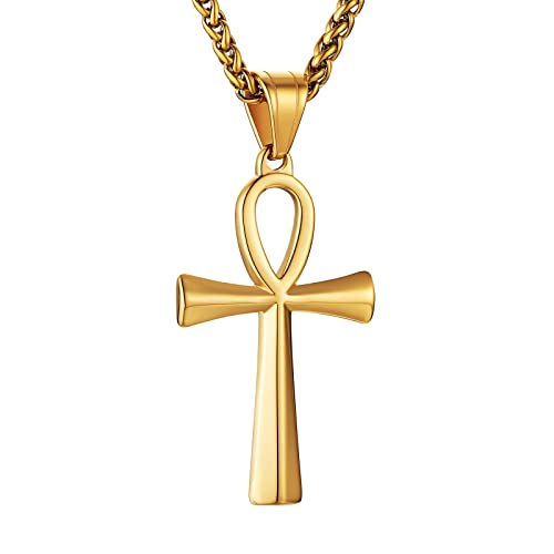 HZMAN Men's Gold Stainless Steel Coptic Ankh Cross Religious Pendant Necklace, 22" Rope Chain (Gold) - Image 1