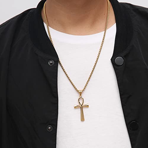 HZMAN Men's Gold Stainless Steel Coptic Ankh Cross Religious Pendant Necklace, 22" Rope Chain (Gold) - Image 3