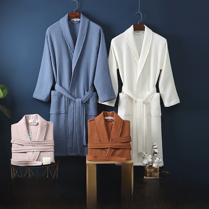 Generic New Cotton Waffle Bathrobe for Couples Spring/Autumn Blue 