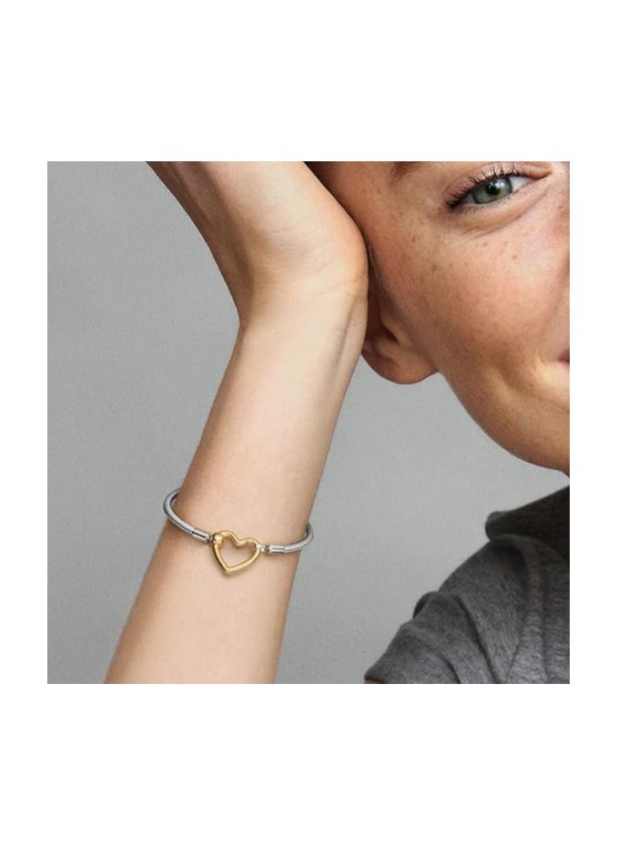 PANDORA - Silver Bracelet with Heart Gold Clasp - Image 1